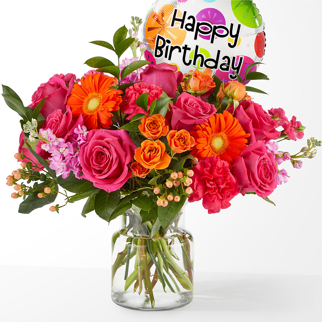Fiesta Bouquet with Birthday Balloon – Raleighflowerexpress Llc, Holly Springs NC