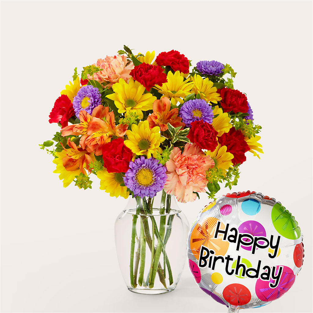 Kaleidoscope Bouquet with Birthday Balloon – Raleighflowerexpress Llc, Holly Springs NC