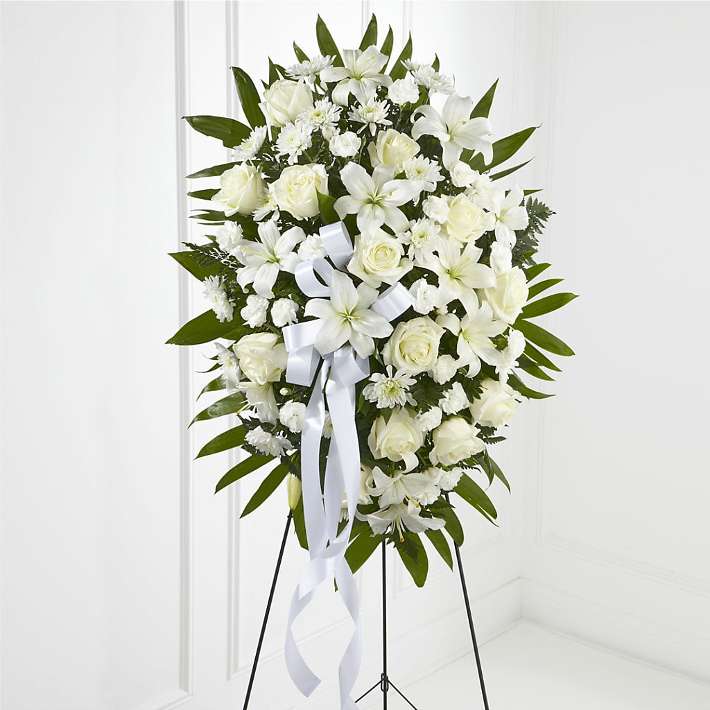 Exquisite Tribute Standing Spray-White Ribbon – Raleighflowerexpress Llc, Holly Springs NC